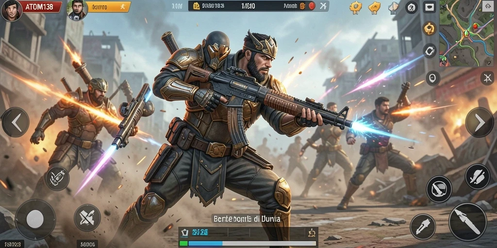 Screenshot ATOM138 menunjukkan aksi seru dalam pertandingan Battle Royale.