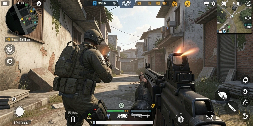 Screenshot utama AYU89 menampilkan aksi pertempuran intens di gameplay FPS.