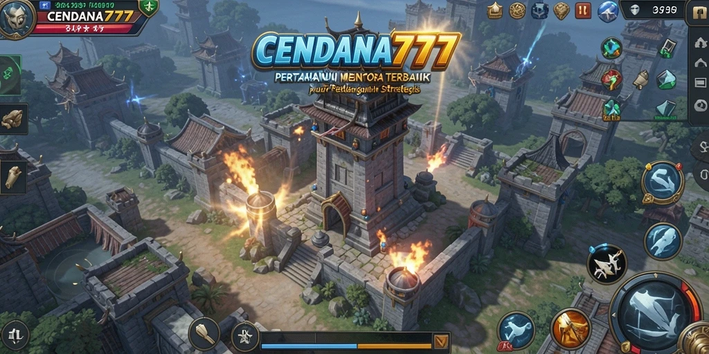Tampilan permainan CENDANA777 dengan menara pertahanan yang strategis.