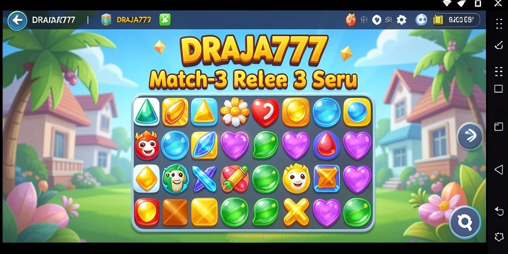 Screenshot DRAJA777 menampilkan gameplay Match-3 seru dan penuh warna.
