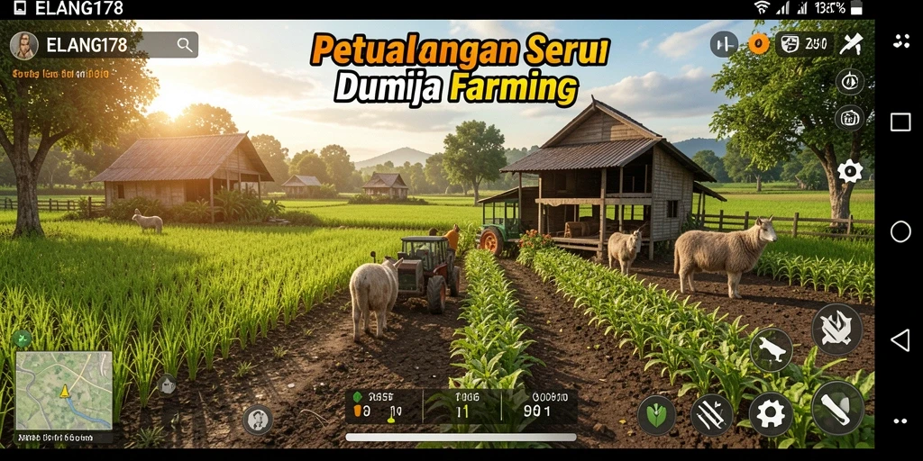 Tampilan gameplay ELANG178 yang menawan dengan kebun serta hewan ternak.