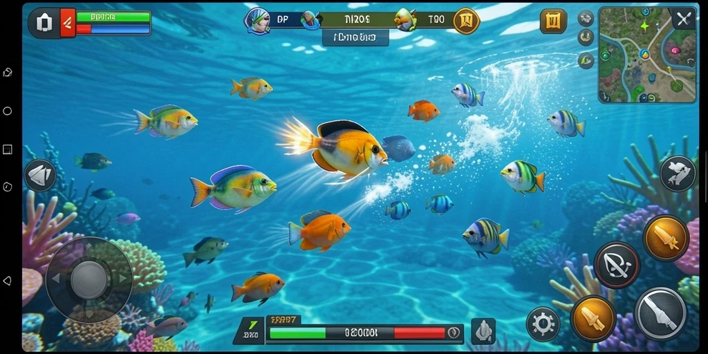Tangkapan layar gameplay seru PP7 dengan aksi menembak ikan.