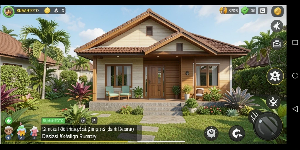 Screenshot gameplay RUMAHTOTO menunjukkan desain rumah yang kreatif dan menarik.