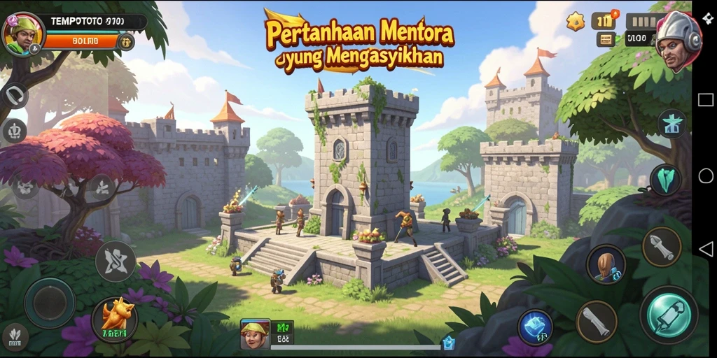 Screenshot gameplay TEMPOTOTO menampilkan serangan menara yang menakjubkan.